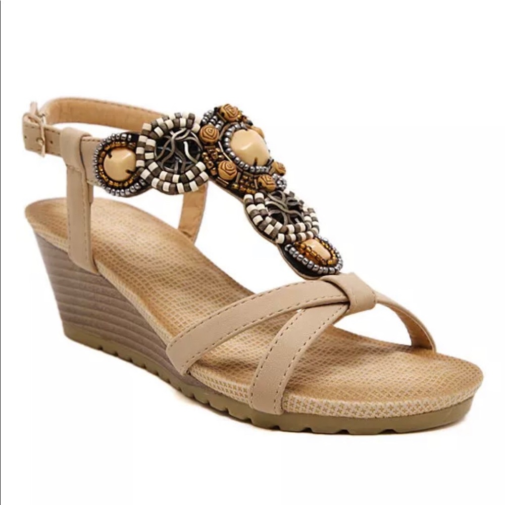Siketu Rhinestone Wedge Sandal - Beige